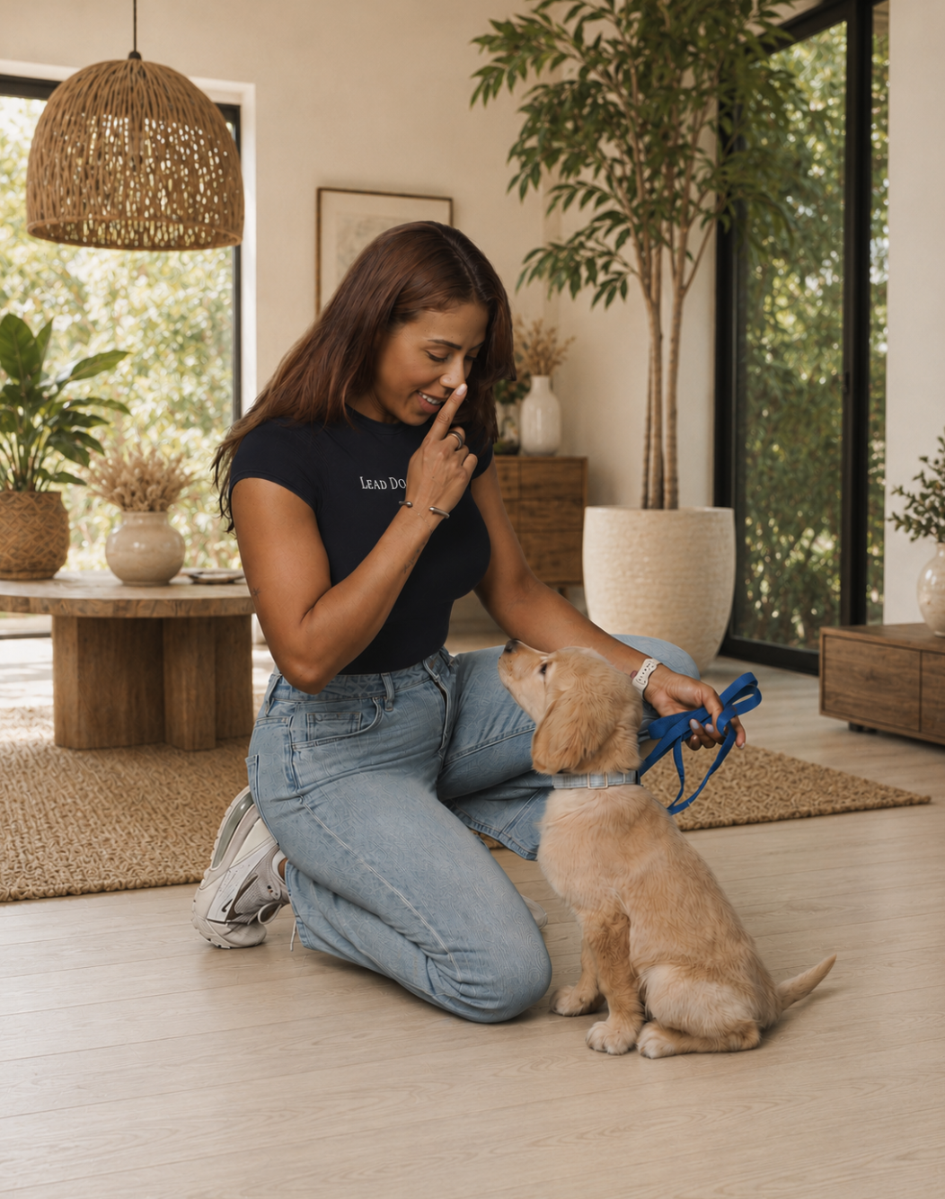 Daisy kneeling in a bright living room with a golden retriever puppy on a blue leash